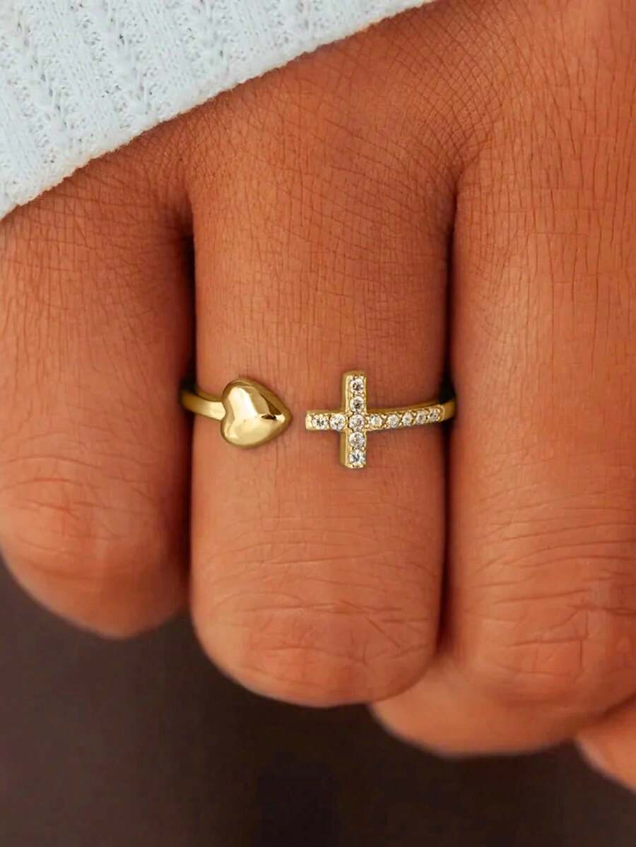 1枚精美十字架立方氧化锆戒指，女士款，适合婚礼、订婚、周年纪念、派对等场合佩戴，亦可作为情人节礼物。 - 金黃色 - 查看 1