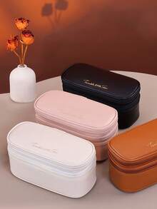 1pc Double Layer Large Capacity PU Cosmetic Bag, Women Travel Makeup Organizer Pouch - Multicolor - View 4