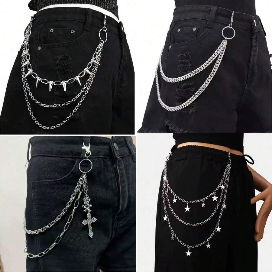 1pc Fashion Unique Punk Style Silver Rivet Cross Star Multi-Layer Pant Chain, Men's Casual Daily Party Outfit Accessory - Silver - View 1