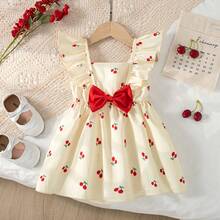 Summer Baby Girls Cute Cherry Print Flutter Sleeve Red Bow Decor Dress, 6 Months - 3 Years, Suitable For Indoor And Outdoor Wear - Multicolor - View 1