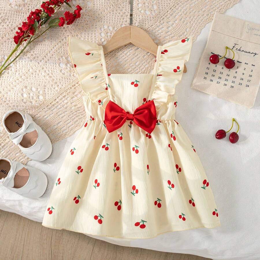 Summer Baby Girls Cute Cherry Print Flutter Sleeve Red Bow Decor Dress, 6 Months - 3 Years, Suitable For Indoor And Outdoor Wear - Multicolor - View 1