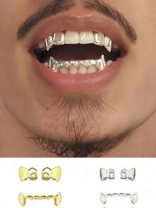 3pcs/Set Grid Hollow Fang Tooth Grillz, Simple Hiphop Style Gold Teeth Grillz Suitable For Men And Women, Everyday Wear, Party, Halloween Costume