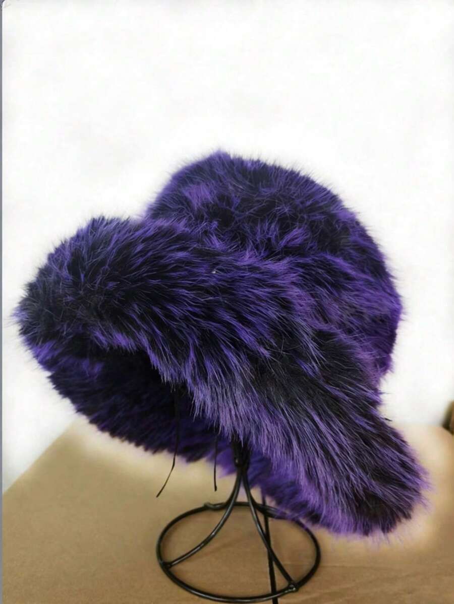 1pc Faux Fox Fur Bucket Hat, Faux Mink Fur Thick & Fashionable High-End Gift Cap - Purple Gradient - View 1