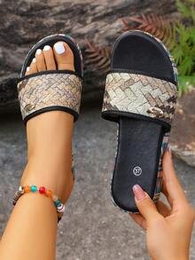 Bohemian Open Toe Thick Sole Women's Slide Sandals, Casual Summer Beach Slip-On Flat Sandals - Gray-brown - View 8