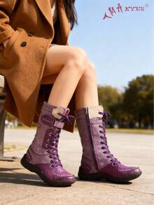 1 Pair Of Women's Padded Warm Winter Boots Non-Slip Wear Side Zipper PU And Leather Splicing Fashion Women's Boots - 紫色 - 查看 1