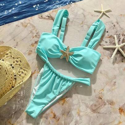 Bikini de 2 piezas con tiras de espagueti y decoración de estrella de mar, color verde menta, de talle alto, para mujer, modelo 2026