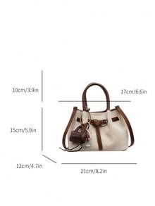 1pc Unique Design Handbag With Pendant, Snap Closure Contrast Color Shoulder Bag, Fabric And PU Material, Suitable For Work, Shopping, Dating, Travel - Brown - View 2