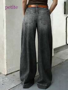 Petite Women's Washed Wide Leg Jeans, Versatile Daily Wear For Petite Girls - Black - View 6