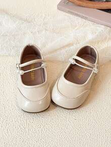 1双米色时尚儿童玛丽珍鞋，女童优雅鞋款，皮革材质，珍珠装饰，魔术贴设计，适合上学、聚会、休闲穿着，四季皆宜的女童皮鞋 - 米色 - 查看 2