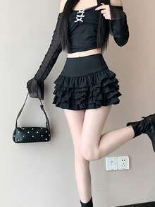 New Arrival Autumn/Winter Sweet Elegant Multi-Layer Ruffle High Waist Cake Skirt For Women - Black - View 4