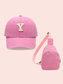 2pcs/Set Girls Letter Print Pink Baseball Cap & Bag, Boys Breathable Casual Wear Outfit For Everyday & Outdoor