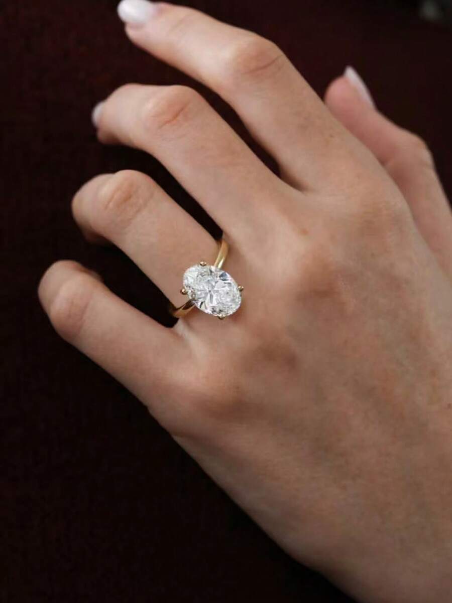 1pc Fashionable Minimalist Copper Inlaid Oval Zirconia Stone Ring, Delicate Accessory For Daily Wear, Brunch, And Light Social Occasions - Multicolor - View 1