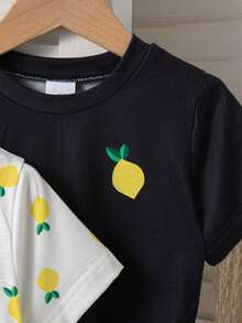 3pcs/Set Girls Casual Fruit & Letter Print Decorative Waist Short Sleeve T-Shirts, Spring/Summer - Multicolor - View 6