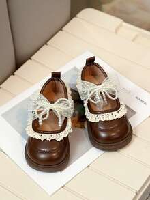 New Girls Gentle Style Small Leather Shoes With Lace Pearl Bow, Soft Sole Anti-Slip Princess Shoes, Versatile For Spring And Autumn, Student Shoes - Coffee Brown - View 5