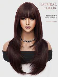 XOUJE 26英寸长直发合成假发，红棕色，带刘海，层次分明设计，打造自然发际线，适合初学者，时尚百搭，日常佩戴、约会、度假、摄影、角色扮演、优雅派对、音乐节、休闲聚会等场合皆宜。耐热假发。 - 紅木色 - 查看 6