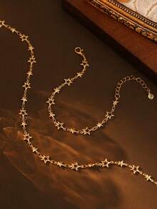 2 Pieces Star-Shaped Jewelry Set (Necklace + Bracelet) | Minimalist Elegant Style | Gold-Plated Star Chain & Adjustable Length Design | For Fashionable Women (Evening Dress Outfits & Date Night Matching) - Gold - View 3