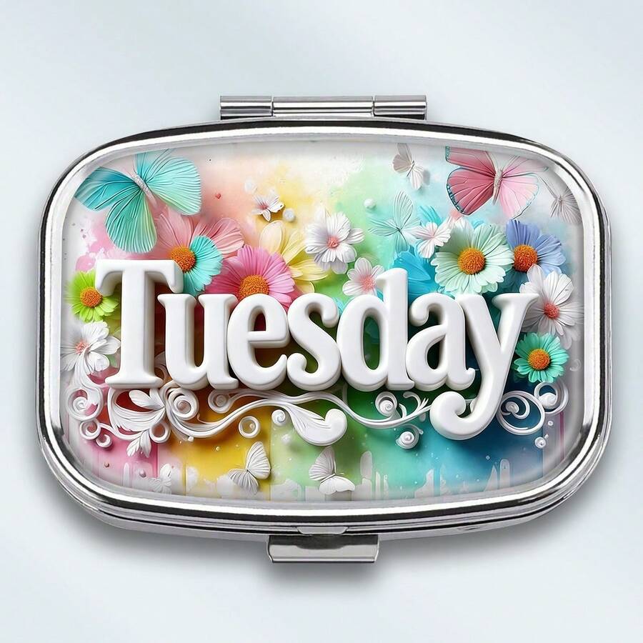 1pc Weekly Pill Organizer - Daily Theme Metal Medicine Box, Square Double Compartment Storage Case, Multi-Purpose Organizer, Ideal For Medications And Jewelry, Makes A Unique Gift For Family And Friends - Tuesday - View 1