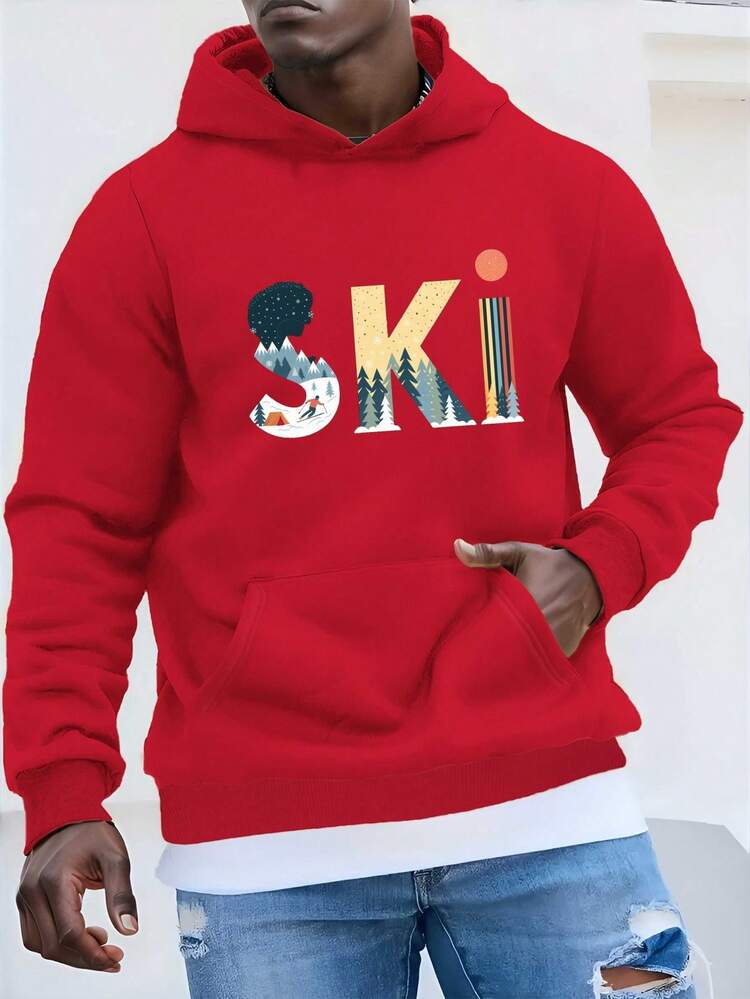 Sudaderas con capucha para hombres de escena de invierno de aventura de esquí, la mejor opción para regalos de vacaciones - Rojo - Añade 1