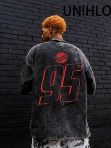 Disney UNIHLO Lightning Mcqueen Printed Summer Heavyweight Retro Washed Street Fashion Casual T-Shirt - màu đen - Xem 2