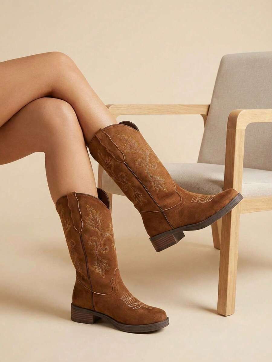 Botas vaqueras bordadas para mujer, de media caña y punta redonda, estilo vaquera, a la moda. - Marrón Mocha - Ver 1