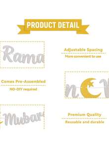 Ramadan Mubarak Party Banner With Star, Crescent Moon And Gold Glitter, Silver Hanging Flag For Party, Festival Decoration - Multicolor - View 6