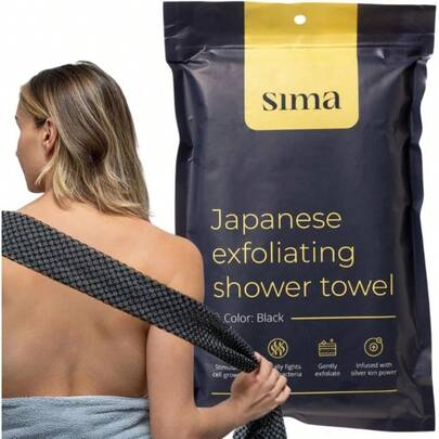 Exfoliating Washcloth Face And Body Scrub Towel | Japanese Exfoliating With Hexagon Fibers, 2-Sided For Scrubbing And Washing, Extra Long, Black