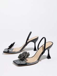 女士高跟鞋，时尚透明PVC玻璃鞋跟凉鞋，饰有水钻蝴蝶，适合派对、户外活动、夜店等场合，优雅黑色正装鞋 - 黑色 - 查看 8