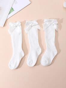 3双女婴可爱蝴蝶结装饰中筒袜，甜美泡泡设计及膝袜，四季皆宜 - 白色 - 查看 5