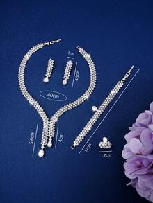 5 件奢华闪亮立方氧化锆首饰套装，包括耳环、戒指、项链、手链 - 适合女性、婚礼、派对、节日、生日 - 白色 - 查看 8