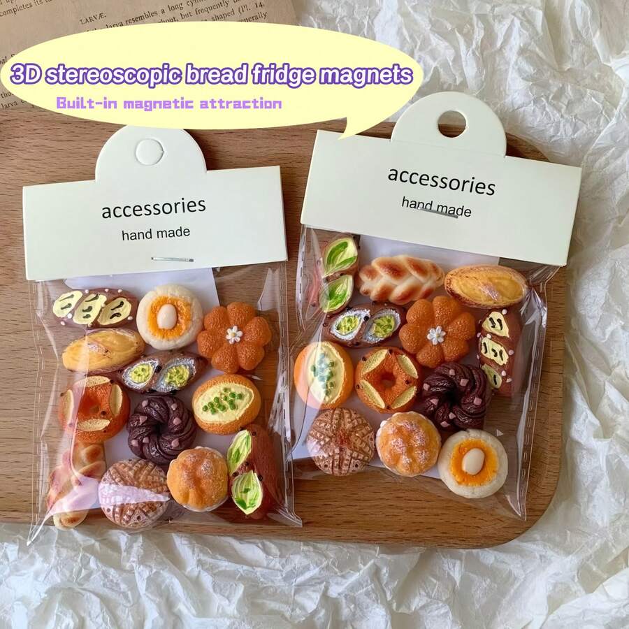12个冰箱贴，法式长棍面包冰箱贴，迷你逼真欧式面包冰箱贴，创意美食迷你贴纸，树脂冰箱贴，可爱装饰贴纸，办公贴纸，个性化厨房冰箱贴，新年装饰，办公白板，储物柜和洗碗机，厨房装饰，家居装饰，情人节礼物，以及送给朋友和亲戚的礼物。
