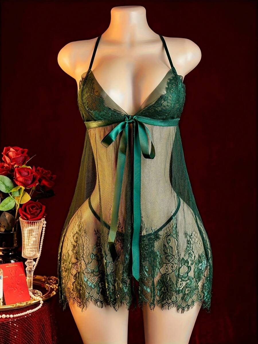 Sexy Transparent Tulle Lingerie Set - Underwired Bra (Without Padding), Thong Panties With Lace And Adjustable Straps - Verde - Xem 1