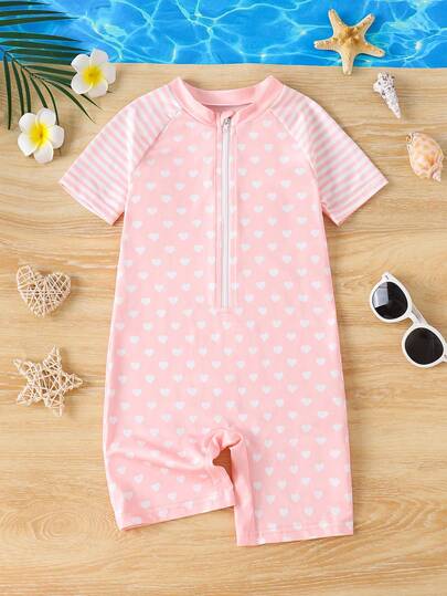 Bộ đồ bơi liền thân tay ngắn cổ tròn in kỹ thuật số họa tiết trái tim trắng và sọc trắng hồng san hô dành cho bé gái, dễ thương, dịu dàng, thanh lịch, thời trang, thoải mái, năng động, ngọt ngào, đa năng, thích hợp cho bơi lội mùa hè.