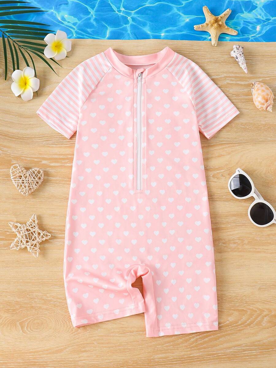 Kleine Mädchen Süß, sanft, elegant, modisch, lässig, Outdoor, süß, vielseitig weißes Herz & korallrosa weiß gestreifter digitaldruck Rundhals Kurzarm Badeanzug, geeignet für Sommerschwimmen