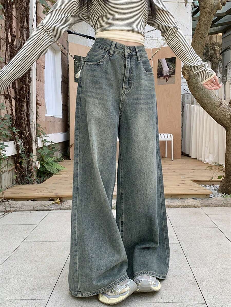 女士口袋宽松阔腿休闲牛仔裤 春季款