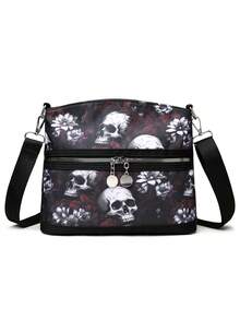 女士时尚斜挎包 - 轻便牛津布材质，可调节肩带，骷髅印花，万圣节主题单肩包 - 紅色 - 查看 5