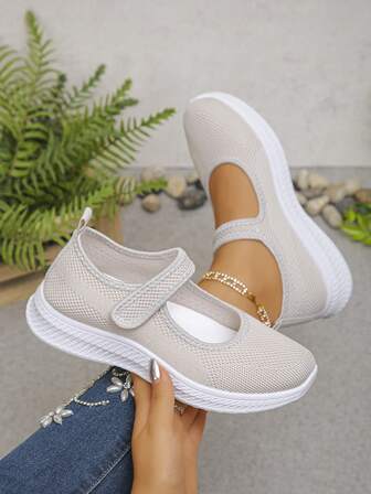Women's New Solid Black Mesh Hook & Loop Knit Breathable Casual Sports Shoes, Casual Basic Commute Sports Style Mary Jane Beige Slip-On Sneakers
