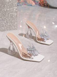 Modne damskie eleganckie sandały na wysokim obcasie, wiosenno-letnie, zdobione kryształową kokardką, oddychające, odkryte palce i tył, kryształowe, przezroczyste, grube obcasy, odpowiednie na letnie imprezy, wesela, spotkania, zakupy, codzienne stroje plażowe, pasujące do sukienek, spódnic i bluzek