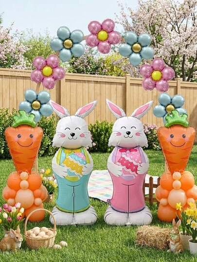 47 piezas/Set Globos de papel de aluminio gigantes de 59 pulgadas (150 cm) con forma de conejo 4D, conjunto de globos para decoración de fiesta de Pascua, adecuado para decoración de jardín, globos de flores de 18 pulgadas en rosa y azul, globo de papel de aluminio con forma de zanahoria gigante, globos de látex de 10 pulgadas en naranja/coral, adecuado para decoración de primavera y fiesta de Pascua