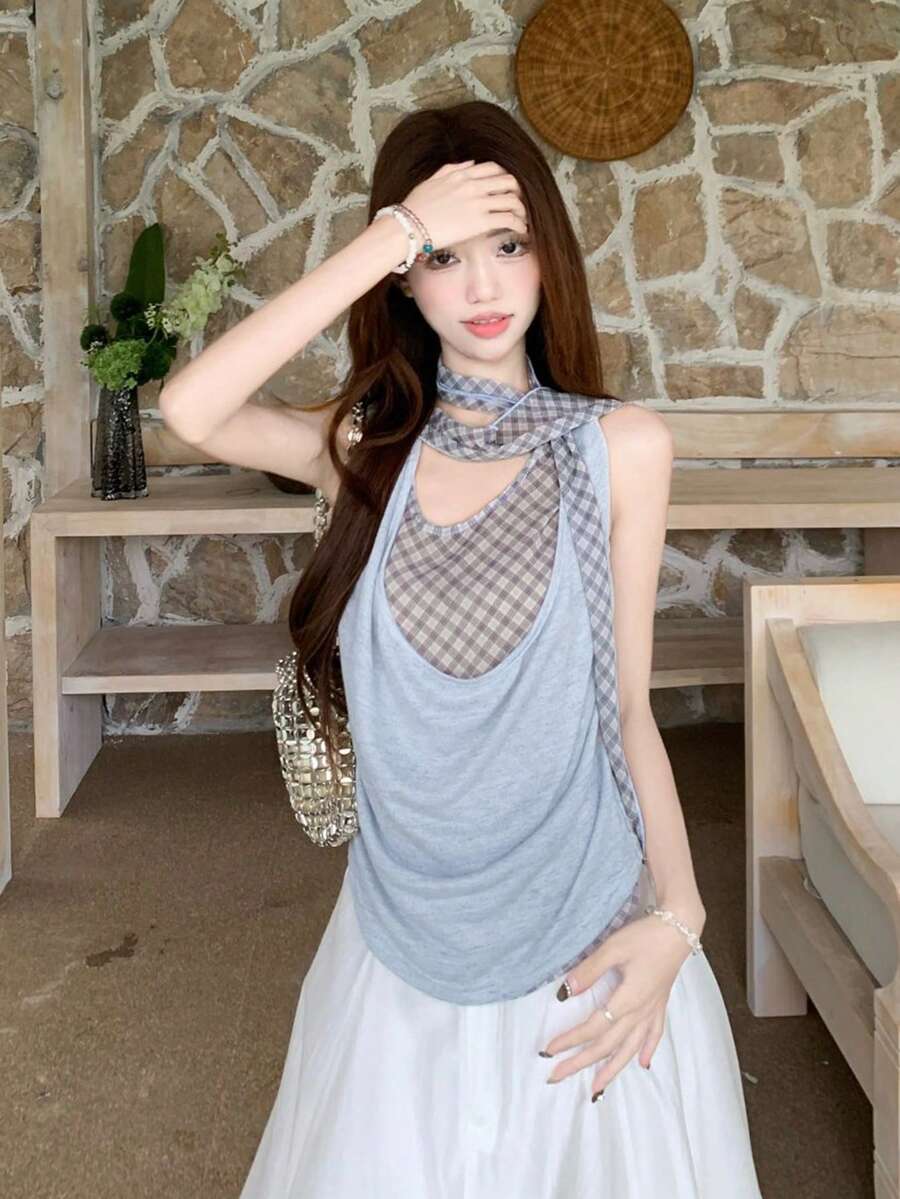 Slouchy Graphic Loose Shoulder Cutout Sleeveless T-Shirt For Women - Baby Blue - View 1