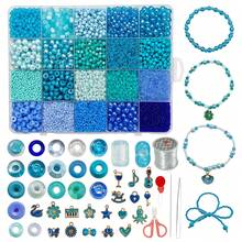 9000pcs Blue Glass Beads Jewelry Making Kit, Mixed Size Hole Beads With Charms & Elastic String, DIY Bracelet Necklace Craft Set - 彩色 - 查看 12