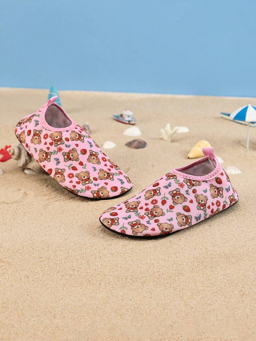 1 Pair Girls' Comfortable, Fashionable, Casual, Lightweight, Cute Cartoon Strawberry & Bear Print Pink Beach/Water Shoes - Pink - View 1