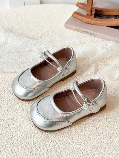 1 Pair Silver Fashion Mary Jane Leather Shoes For Girls, Elegant Shoes With Pearl Decor & Hook And Loop Design, Suitable For School, Party, Casual Wear, All Season