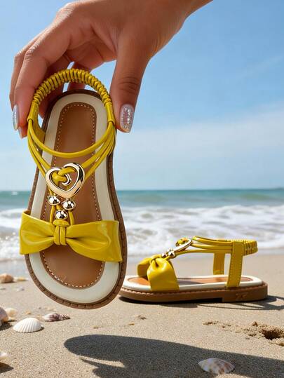 2026 Spring/Summer Limited Edition Soft-Soled First Walking Shoes For Girls Aged 3-12, Toddler Walking Shoes, Bright Yellow Patchwork, [Patented Leather Yellow Bow Decor], Elastic Heel Strap, Skin-Friendly Memory Foam Lining, Non-Slip Beach Sole, Open Toe, Elastic Heel Design, Flat, Fresh Energetic Resort Style, Children's Patchwork Sandals, Girls' Flat Fashion Shoes, Suitable For Beach Vacation, Beach Sports, Summer Outings