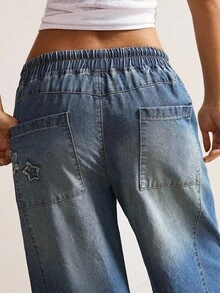 Ladies' Y2K Star Patch Patchwork Loose Jeans, With An Elastic Waist And Wide Legs Design - Casual Drawstring Loose Street Style Long Pants - Blue - View 6
