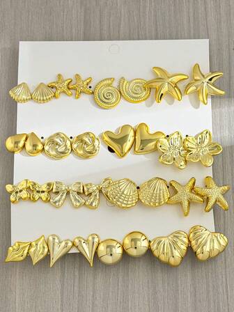 Set de 8-32 piezas de pendientes chapados en oro con diseños de moda y lindos, en formas de animales variados, estrella de mar, concha, flor, mariposa, oso de peluche, adecuados para uso diario para todas las niñas
