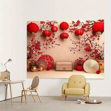 1 Piece, Polyester Chinese Asian New Year Theme Party Background, Chinese Spring Festival Celebration, Red Lanterns, Flowers, Photography Background, New Year Party, Adult Photography Props - Multicolor 4 - View 4