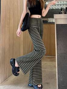女士条纹喇叭休闲运动裤，高腰显瘦宽松版型，春季新款 - 灰色 - 查看 2