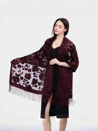 1 pieza Bufanda de terciopelo con borlas de encaje con hoja burdeos hecha a mano, nueva moda versátil para fiesta, cálida y elegante