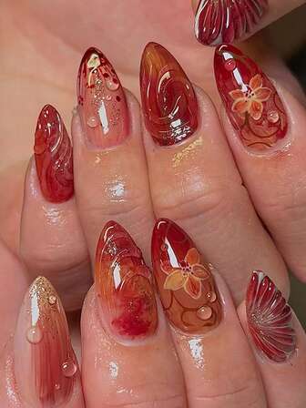 30 piezas de uñas de almendra con presión, flores de glitter rojo fino en primavera, diseño de mezcla de gel, set de uñas acrílicas con forma de almendra, productos de cuidado de uñas, adecuado para citas, reuniones, uso diario, fiestas de baile y otras ocasiones, ¡realzando tu encanto!