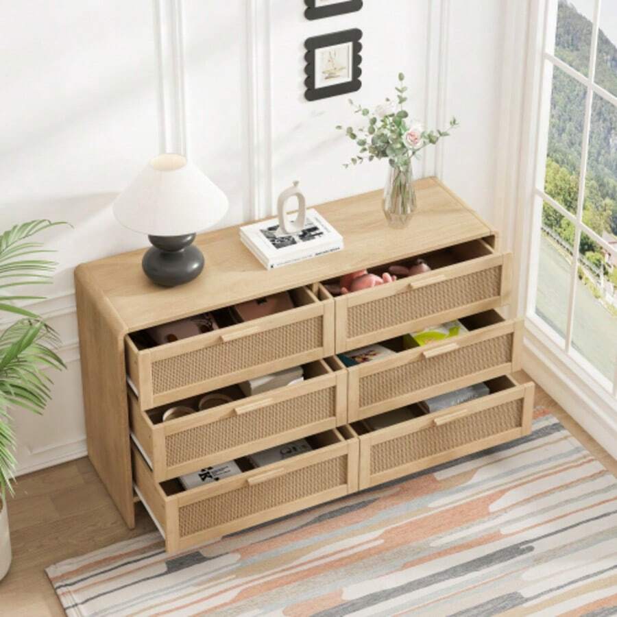 130 Cm Long, Arched Corner Rattan Cabinet With 6 Drawers, Suitable For Living Room, Bedroom And Kitchen, Natural - 卡其色 - 查看 1
